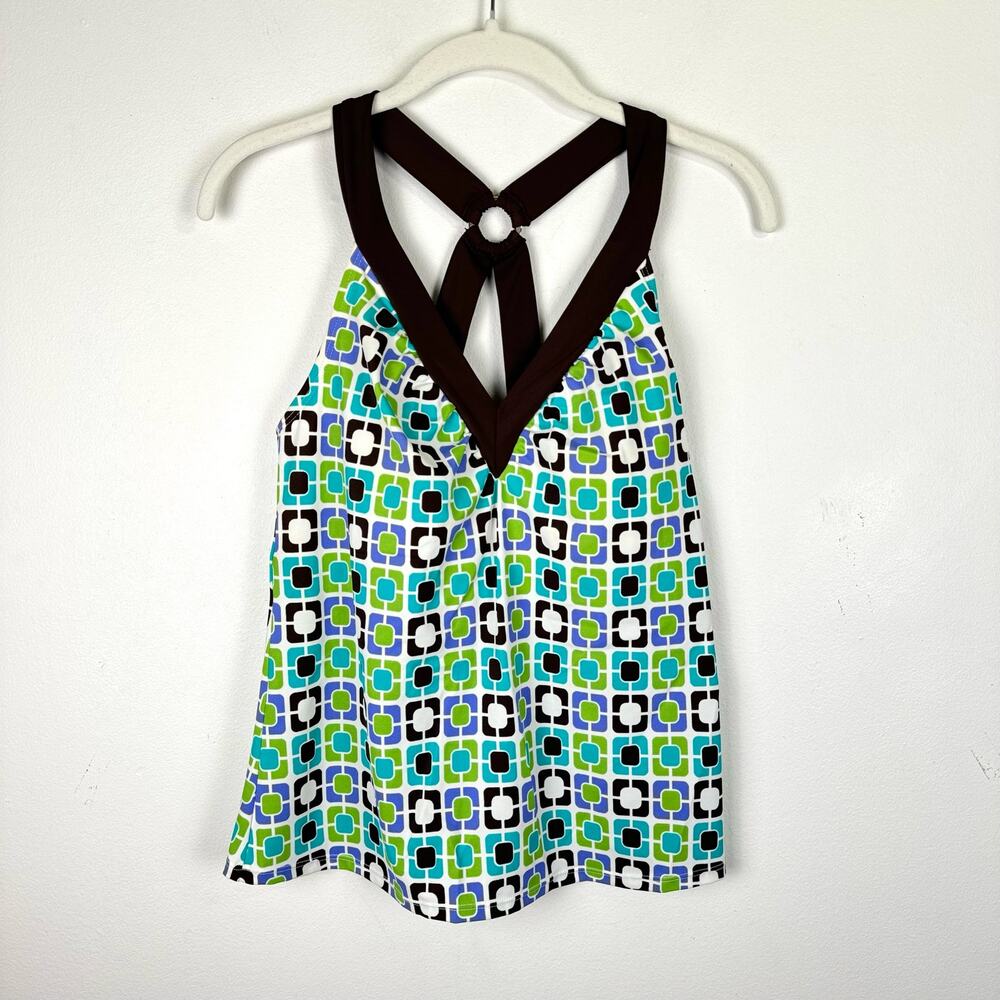 Vintage y2k Sonoma Retro Geometric Green Brown Halter Tankini Swim Top Size 14